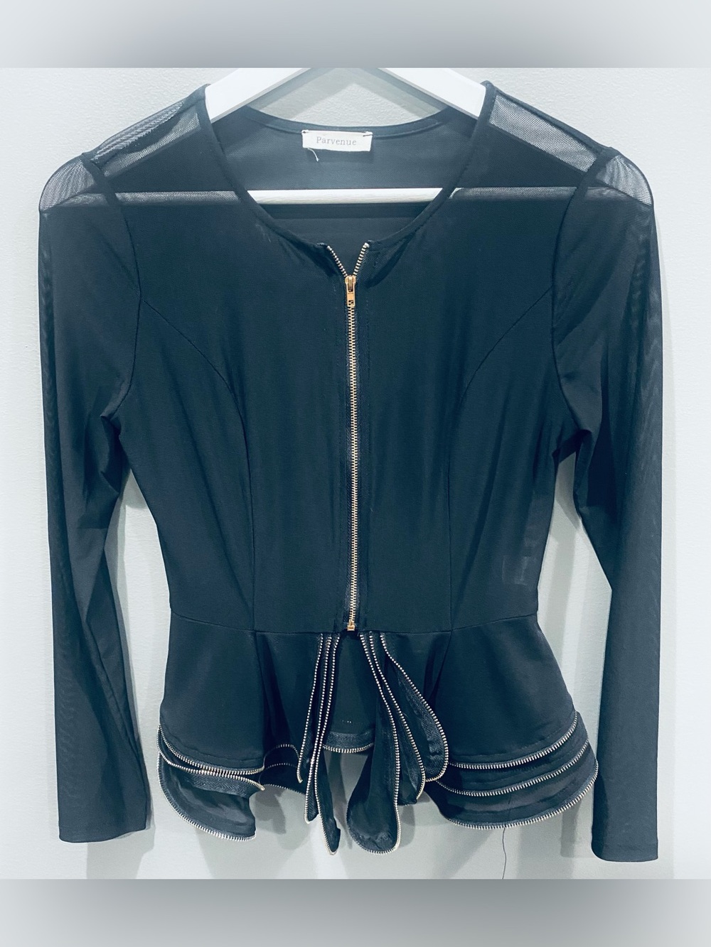 Parvenue Black Peplum Zip Sheer Mesh Top with Multi Zipper Layered Hem